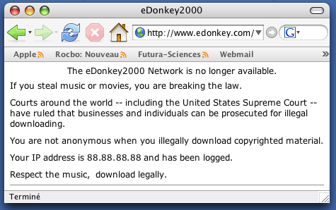 Message de la RIAA sur le site eDonkey2000.com