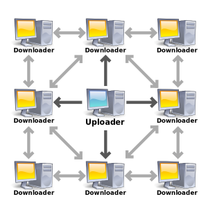 The middle computer is acting as a seed to provide a file to the other computers which act as peers..